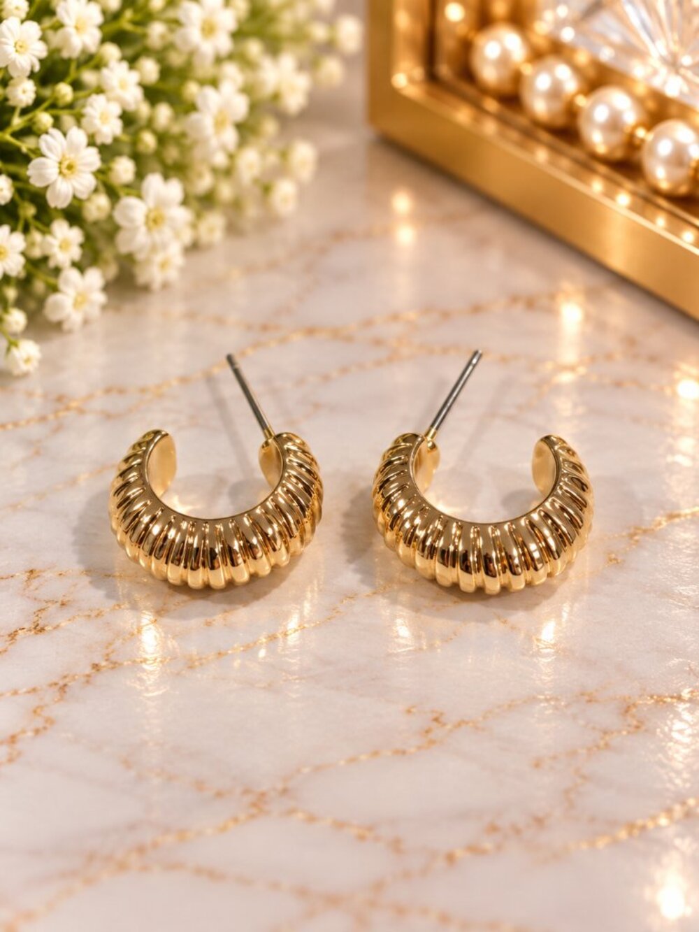 Gold Ribbed Chunky Half Hoop Earrings Textured Statement Hoops - Fashion Jewelry